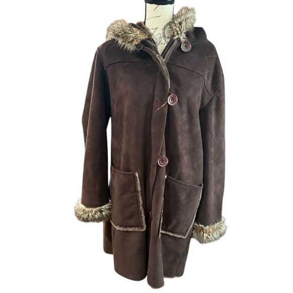 Brown Teddy Faux Fur Hood Trim Jacket - Picture 2 of 9
